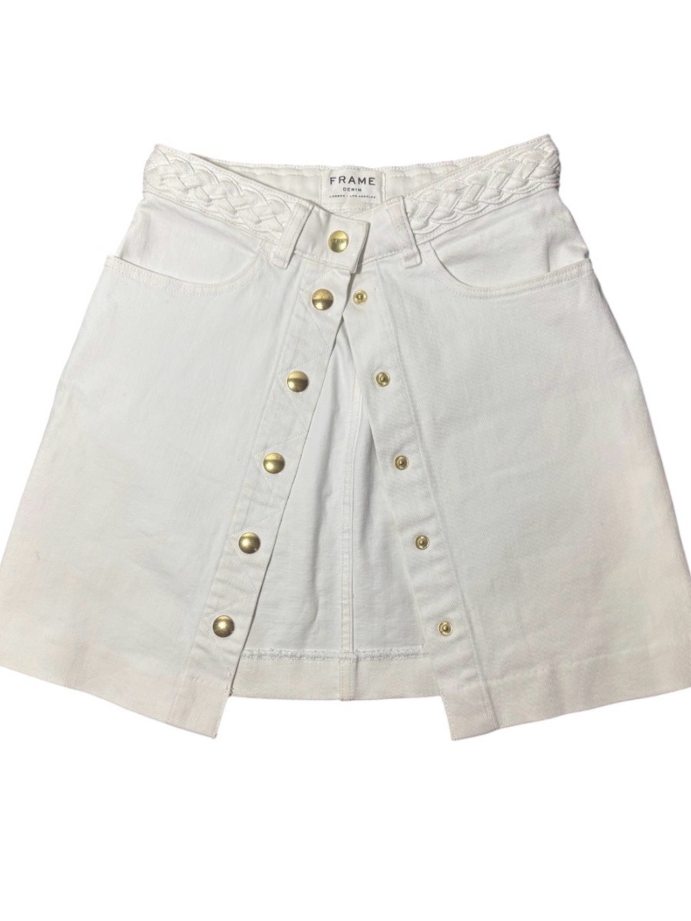 FRAME Claire Braided Waistband White Button-Front Denim Skirt - Picture 2 of 11
